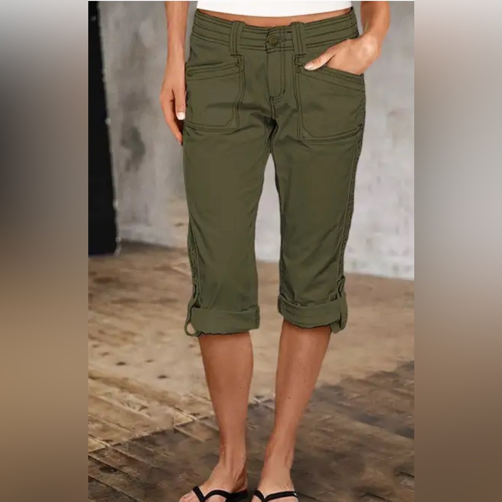 NEW - Flamingals Roll Hem Stitch Detail Mid Waist Capri Pants